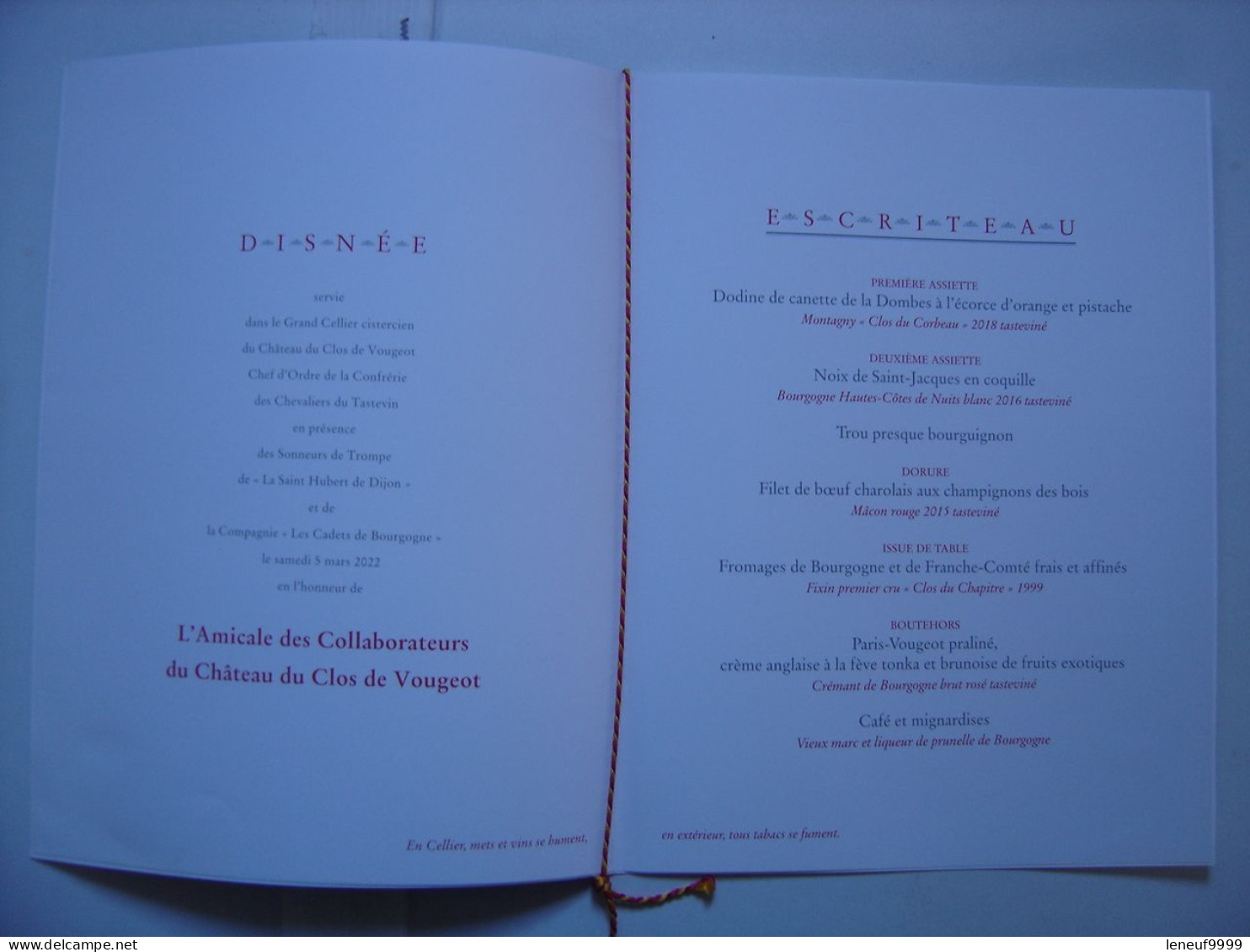 Menu CLOS DE VOUGEOT 2022 Chevaliers Tastevin Amicale Des Collaborateurs Du Clos - Menu