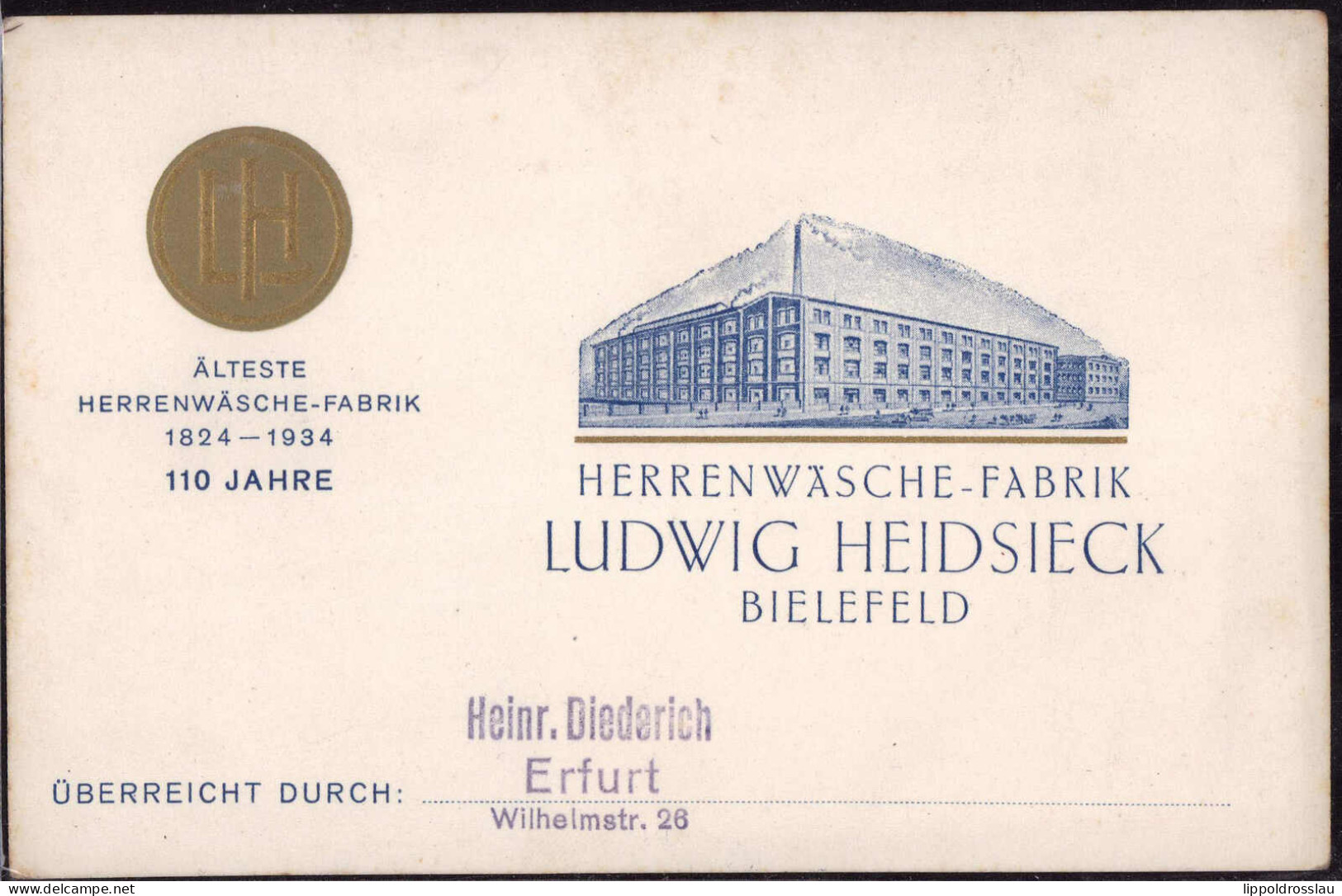 * W-4800 Bielefeld Herren-Wäschefabrik Heidsieck 1934, Vertreterkarte - Bielefeld