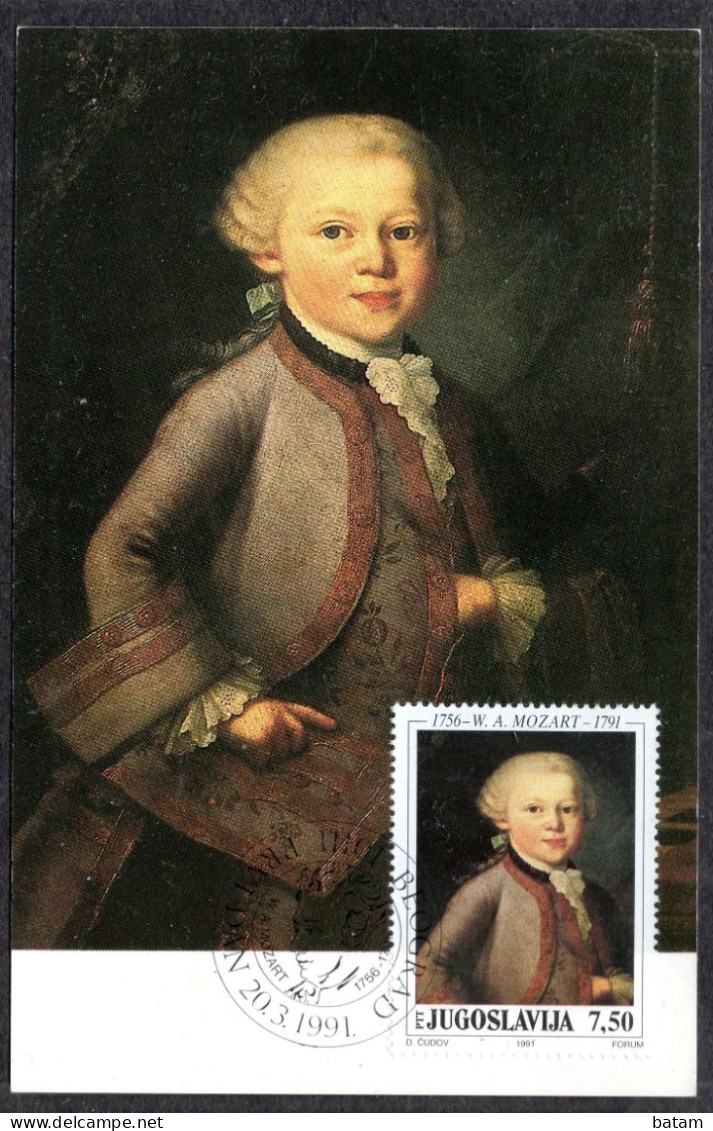 Yugoslavia 1991 - The 200th Anniversary Of The Birth Of Wolfgang Amadeus Mozart - Maximum Card - Briefe U. Dokumente