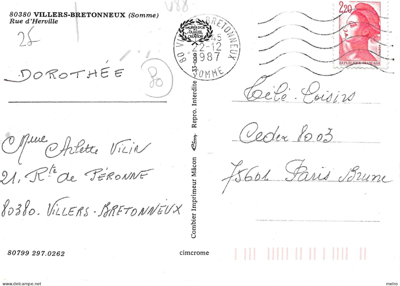 CPSM - (Dep. 80) -  VILLERS BRETONNEUX - Rue D'Herville. 1987 - Villers Bretonneux