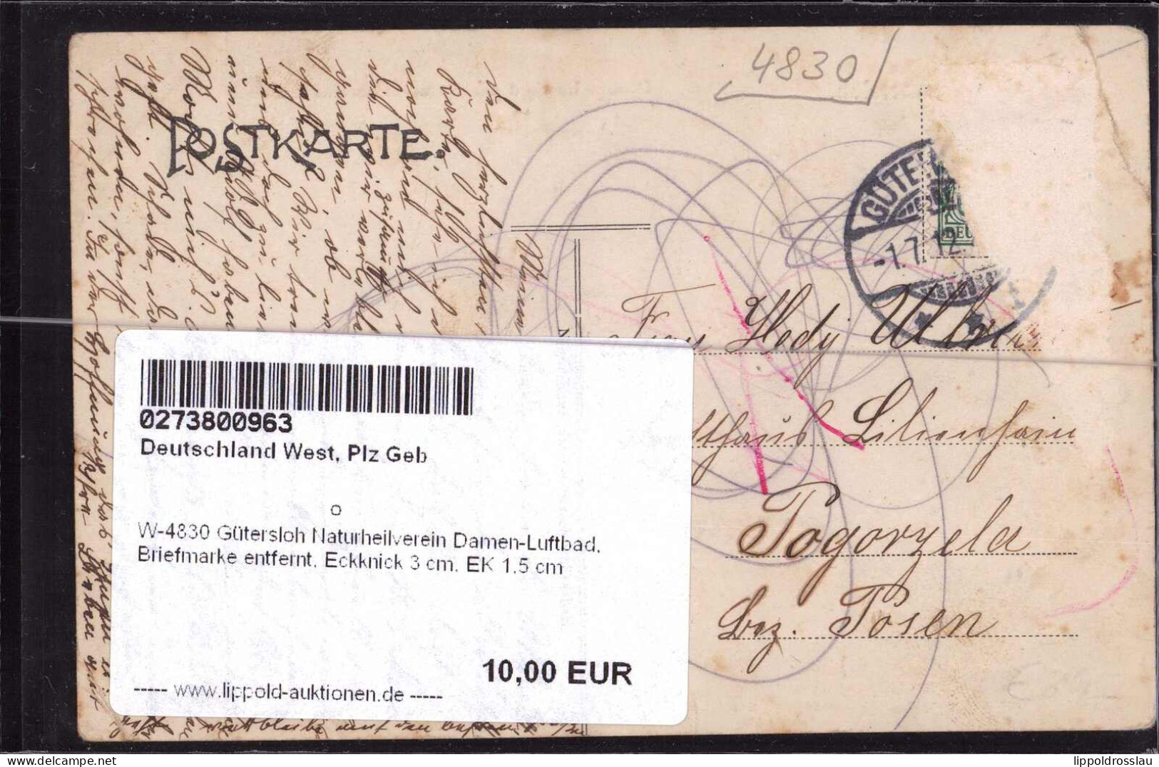 Gest. W-4830 Gütersloh Naturheilverein Damen-Luftbad, Briefmarke Entfernt, Eckknick 3 Cm, EK 1,5 Cm - Guetersloh