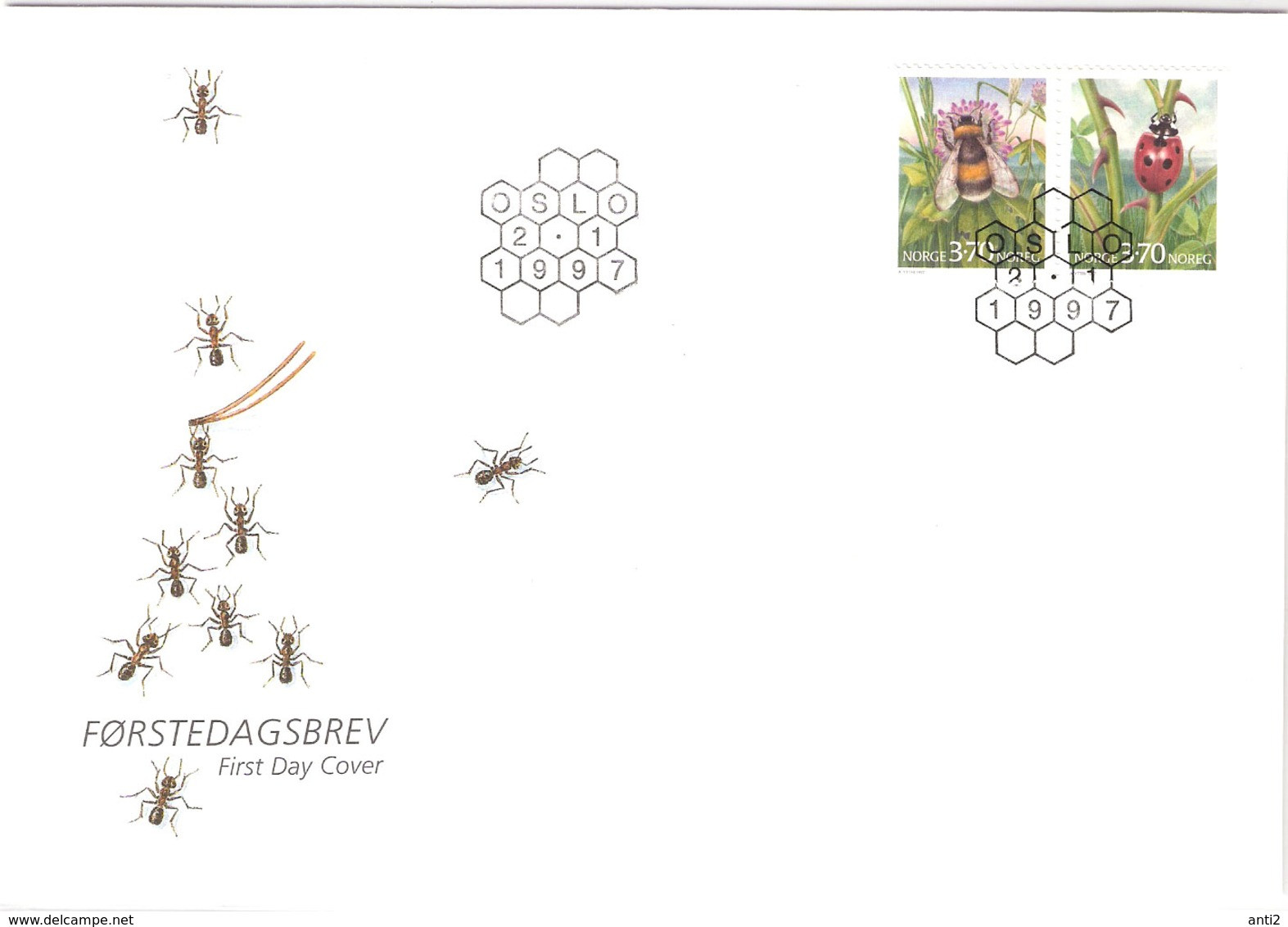 Norway Norge 1997 Insects, Bumble Bee (Bombus Sp.), Seven-spot Ladybird (Coccinella Septempunctata)  Mi 1235-1236 FDC - Brieven En Documenten