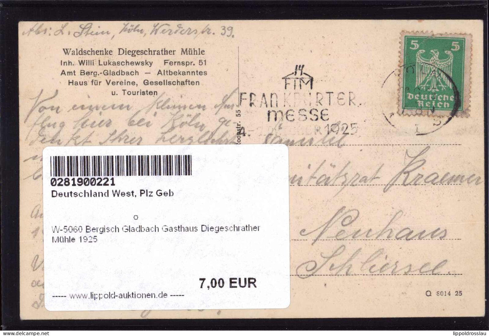 Gest. W-5060 Bergisch Gladbach Gasthaus Diegeschrather Mühle 1925 - Bergisch Gladbach