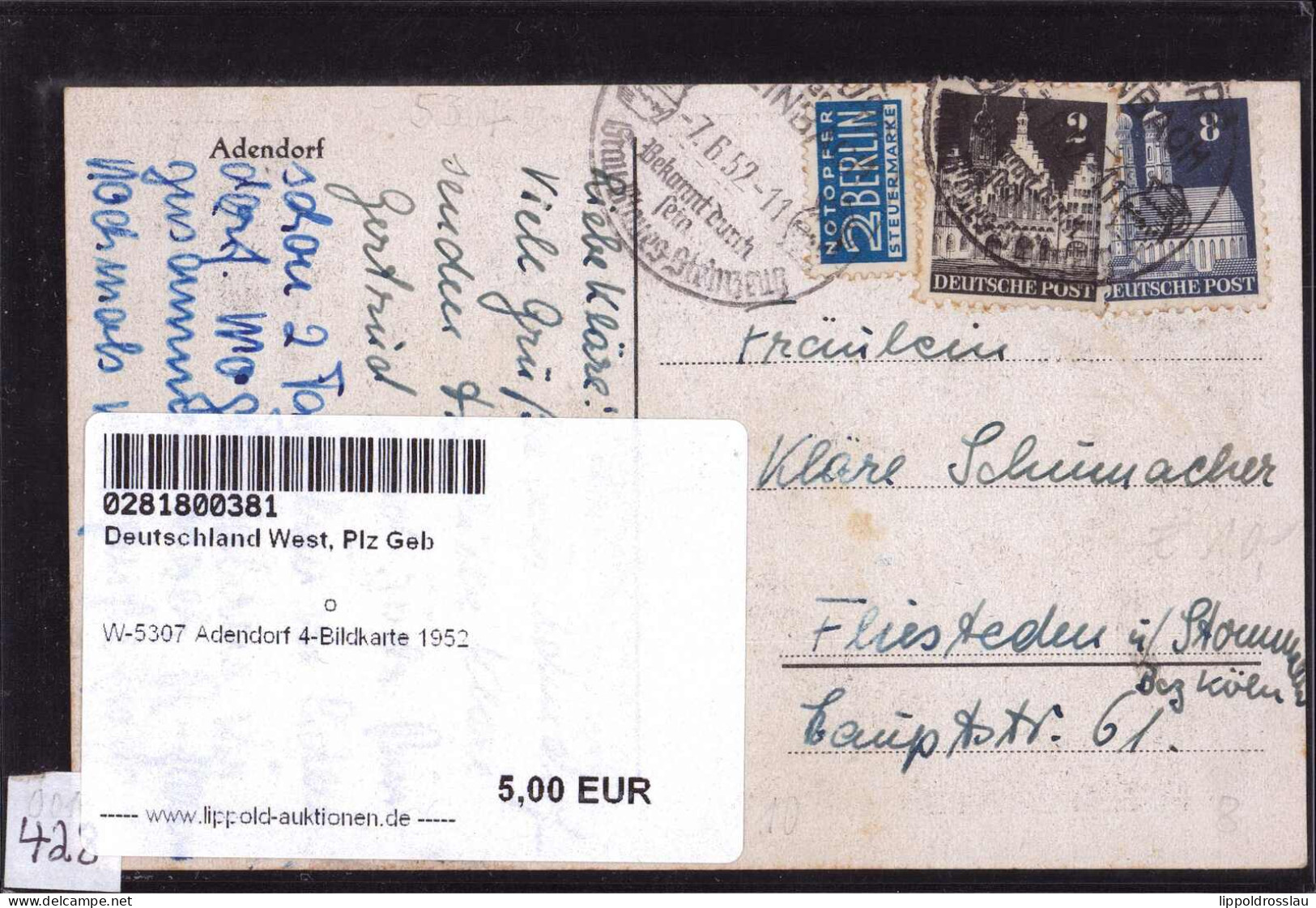 Gest. W-5307 Adendorf 4-Bildkarte 1952 - Bonn