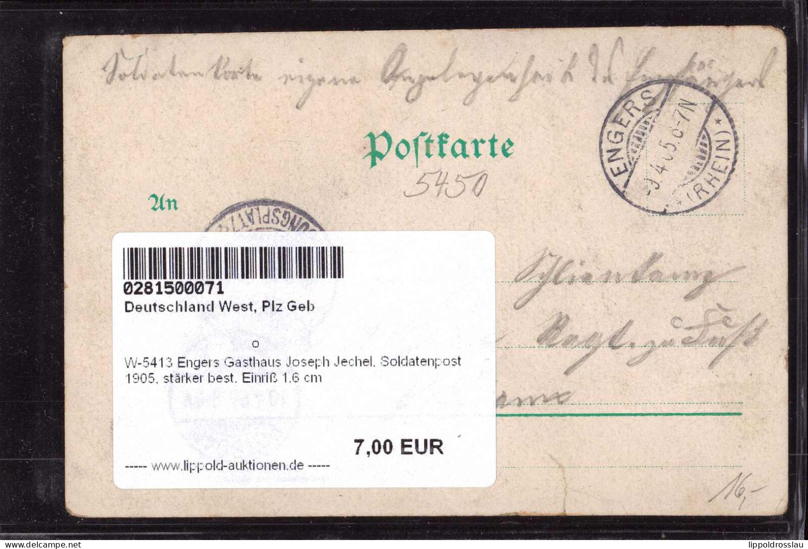 Gest. W-5413 Engers Gasthaus Joseph Jechel, Soldatenpost 1905, Stärker Best. Einriß 1,6 Cm - Hoehr-Grenzhausen