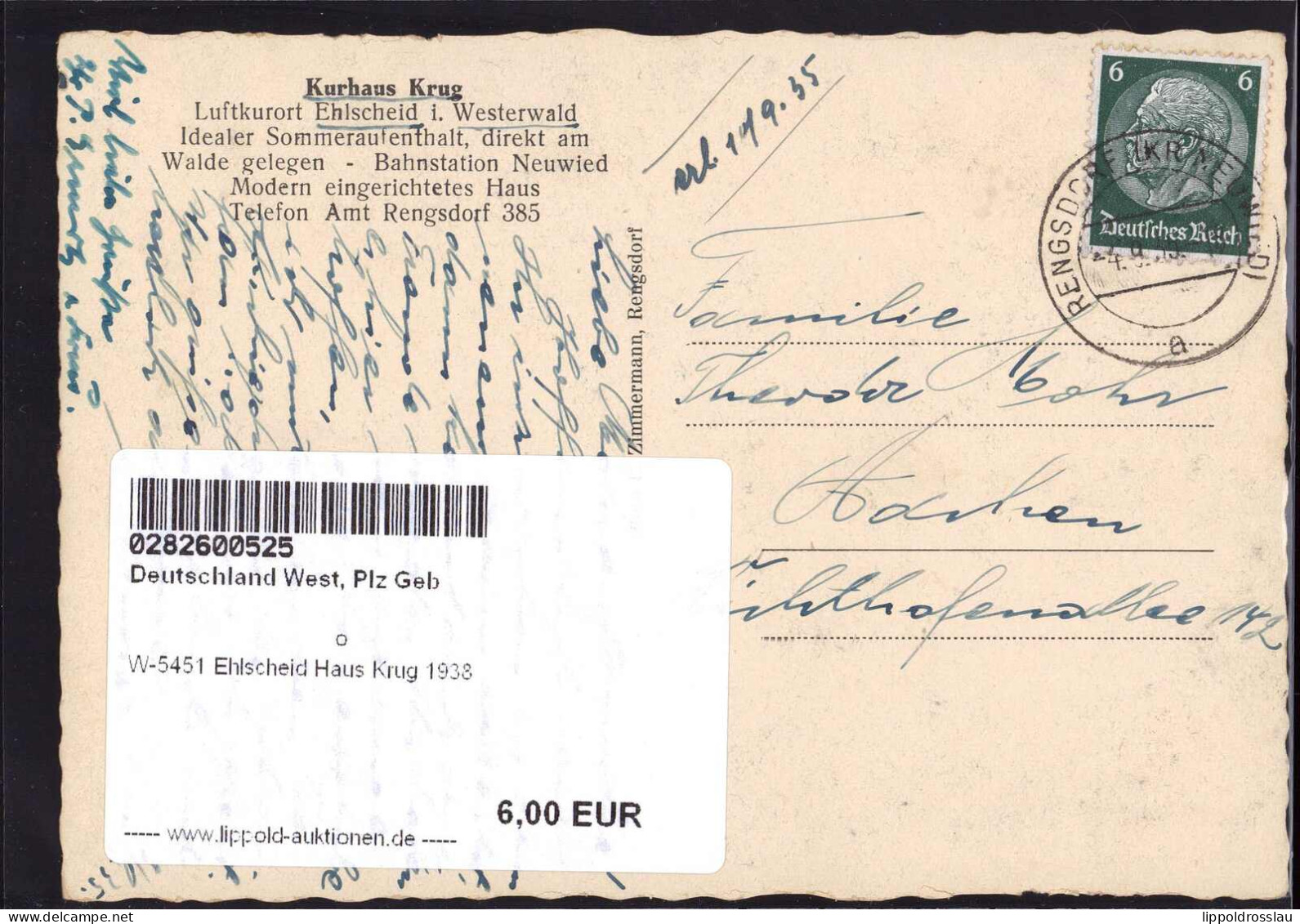 Gest. W-5451 Ehlscheid Haus Krug 1938 - Neuwied