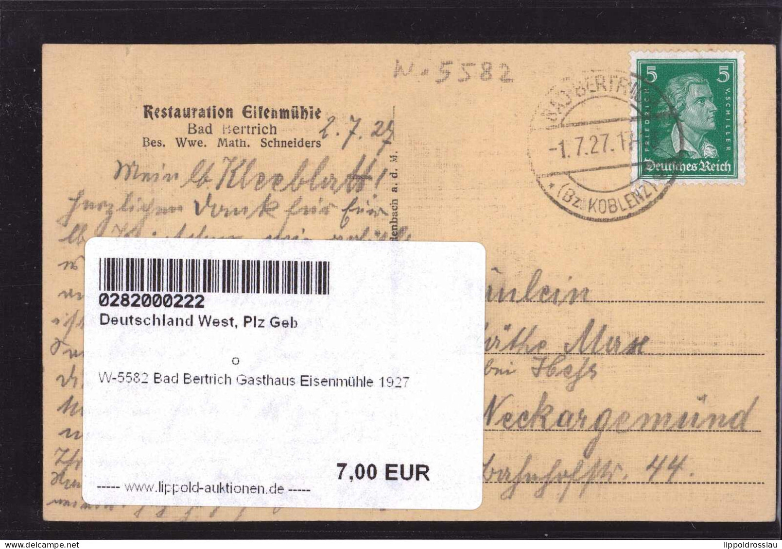 Gest. W-5582 Bad Bertrich Gasthaus Eisenmühle 1927 - Traben-Trarbach