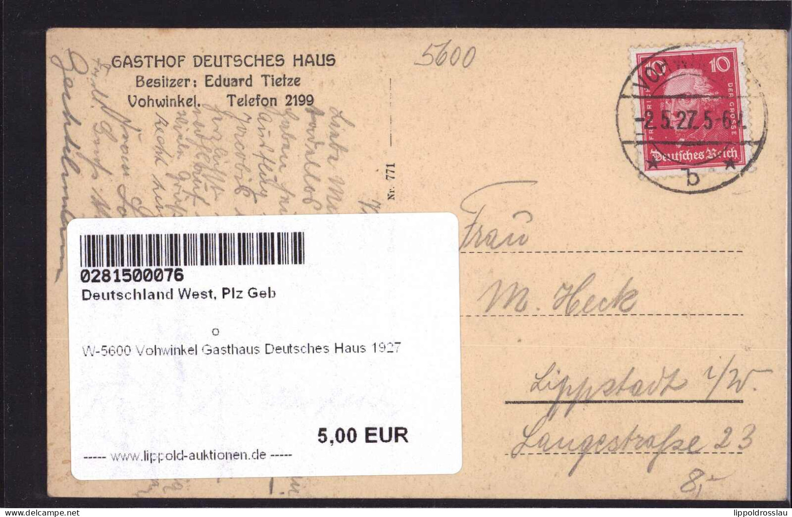 Gest. W-5600 Vohwinkel Gasthaus Deutsches Haus 1927 - Wuppertal