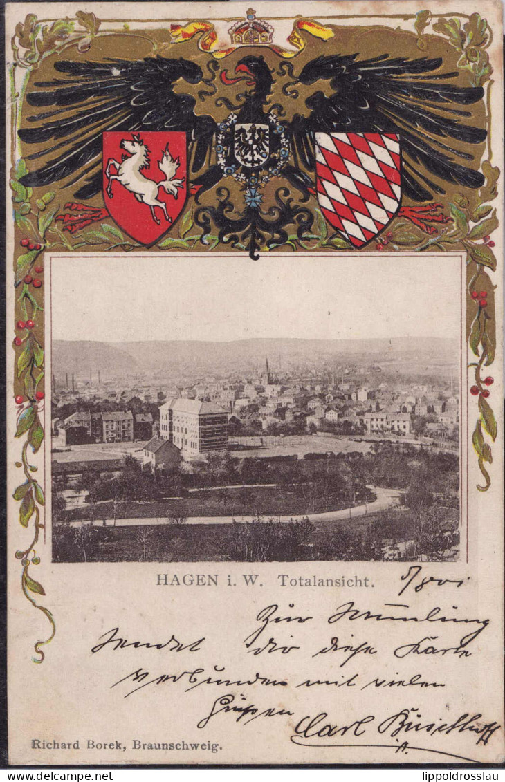 Gest. W-5800 Hagen Blick Zum Ort Wappen-Prägekarte 1901 - Hagen