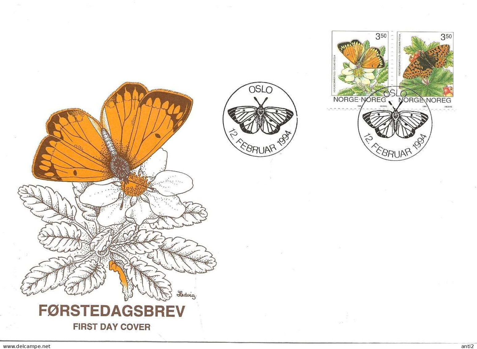 Norge Norway 1994 Butterflies,  Northern Clouded Yellow And  Freija FritillaryMi 1143-1144 Pair, FDC - Covers & Documents