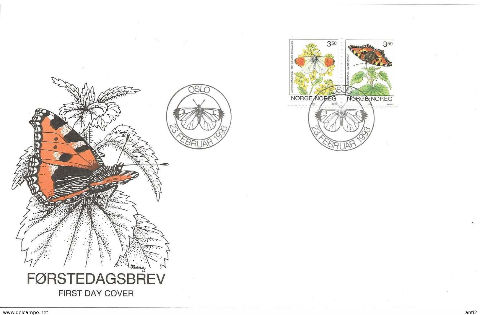 Norge Norway 1993 Butterflies, The Orange Tip, Small Tortoiseshell Mi 1114-1115 FDC - Brieven En Documenten