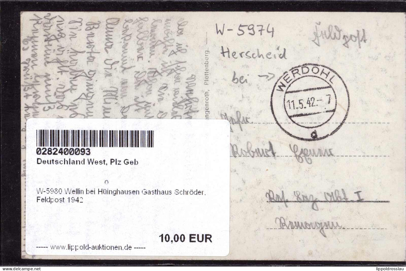 Gest. W-5980 Wellin Bei Hüinghausen Gasthaus Schröder, Feldpost 1942 - Werdohl