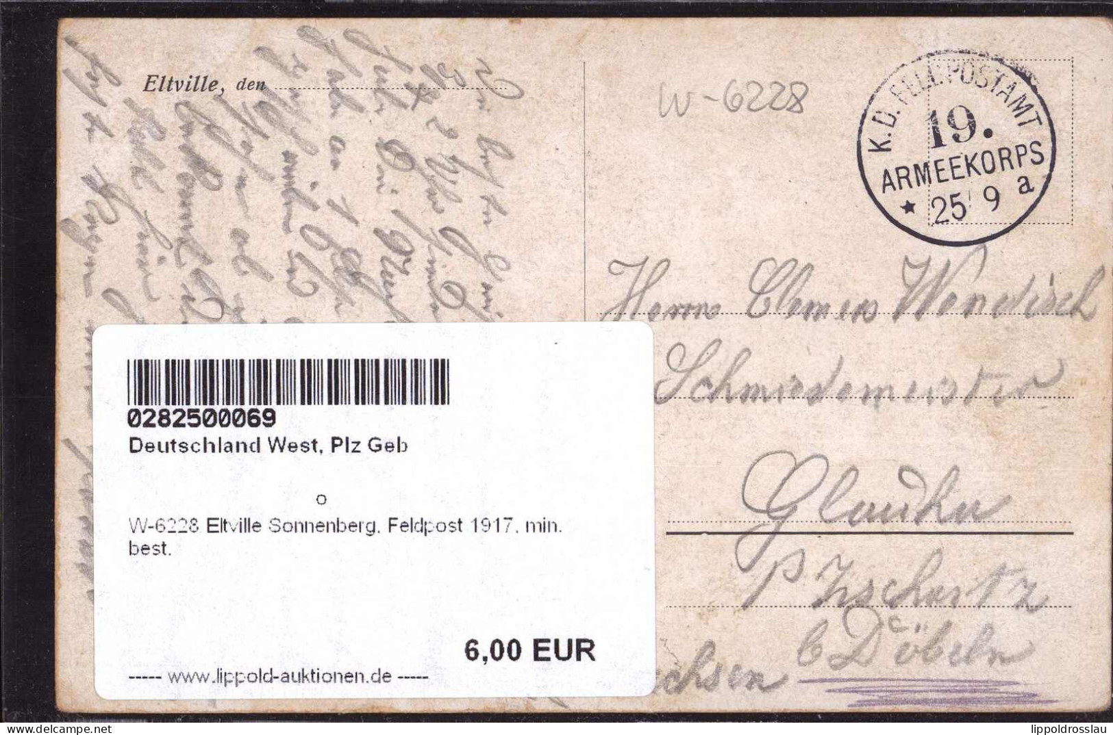 Gest. W-6228 Eltville Sonnenberg, Feldpost 1917, Min. Best. - Ruedesheim A. Rh.