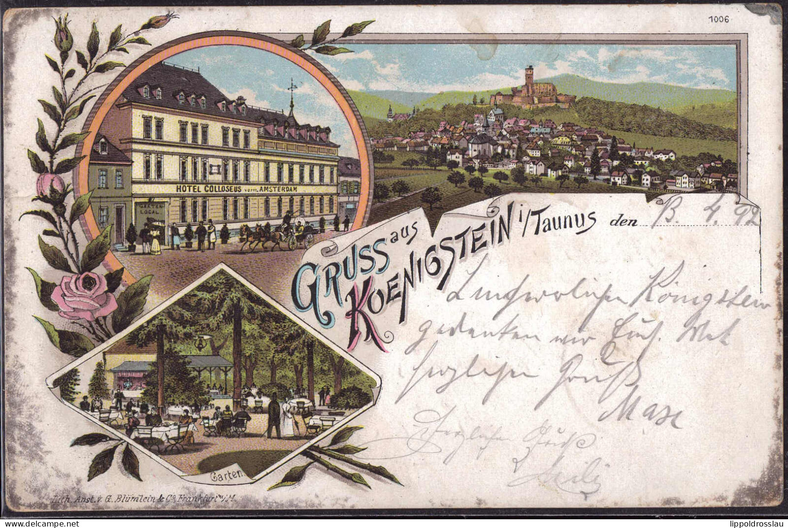 Gest. W-6240 Königstein Gasthaus Hotel Colosseum 1902, RS Kleberest, Etwas Best. - Königstein