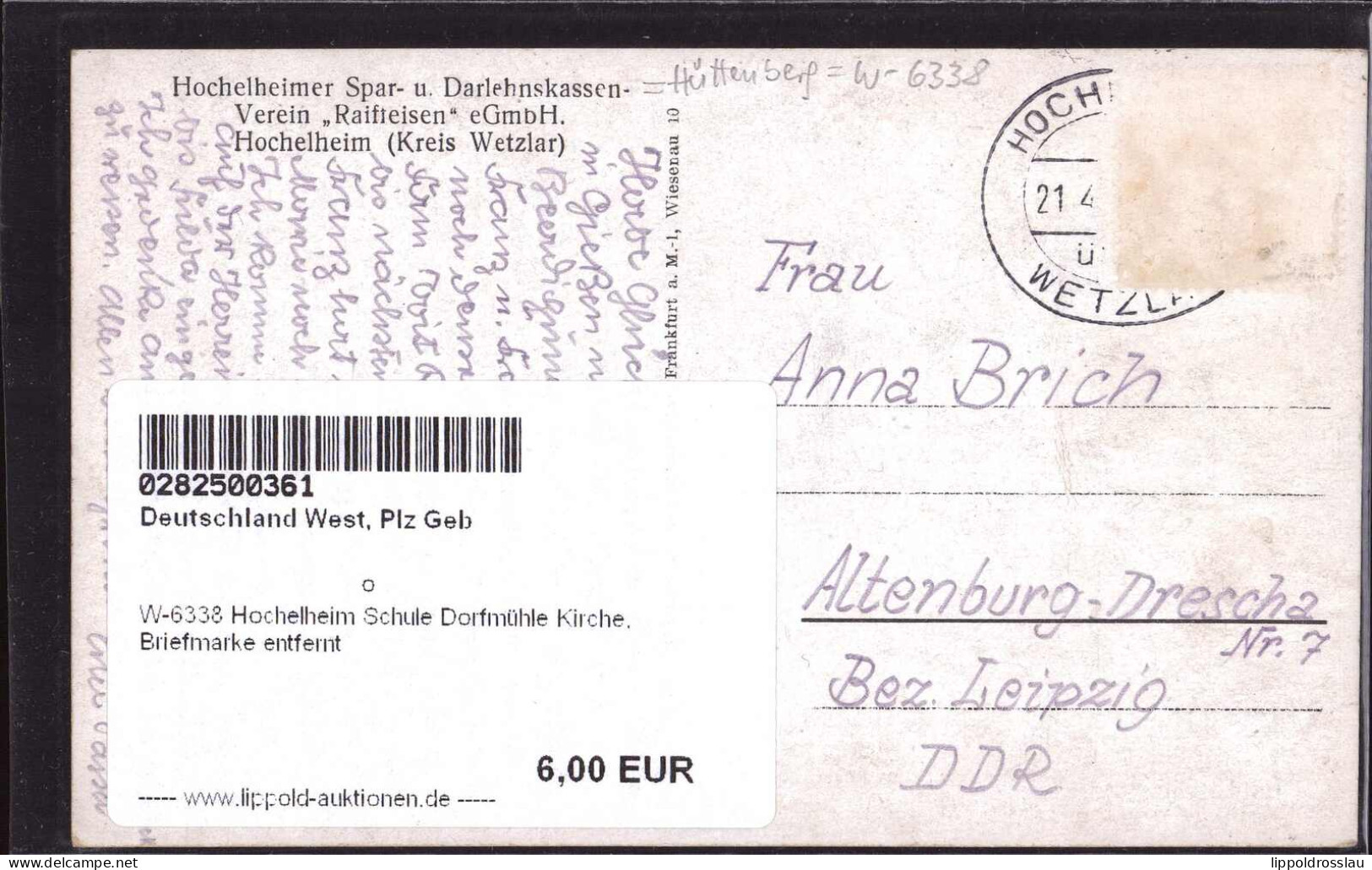 Gest. W-6338 Hochelheim Schule Dorfmühle Kirche, Briefmarke Entfernt - Wetzlar