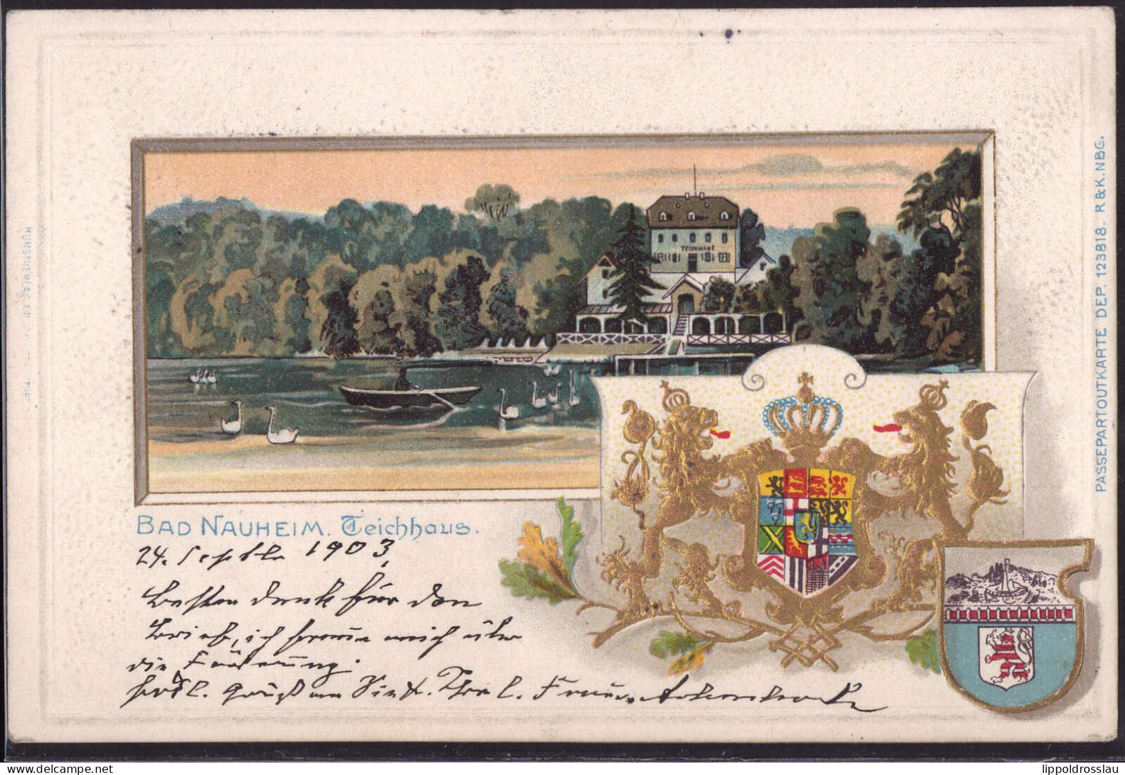 Gest. W-6350 Bad Nauheim Teichhaus 1903, Wappen-Prägekarte - Bad Nauheim