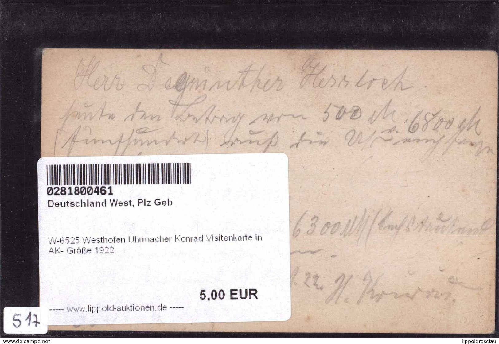 * W-6525 Westhofen Uhrmacher Konrad Visitenkarte In AK- Größe 1922 - Worms