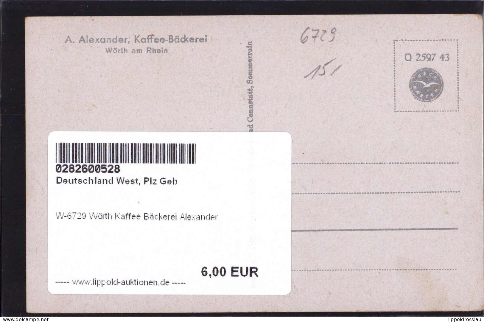 * W-6729 Wörth Kaffee Bäckerei Alexander - Speyer