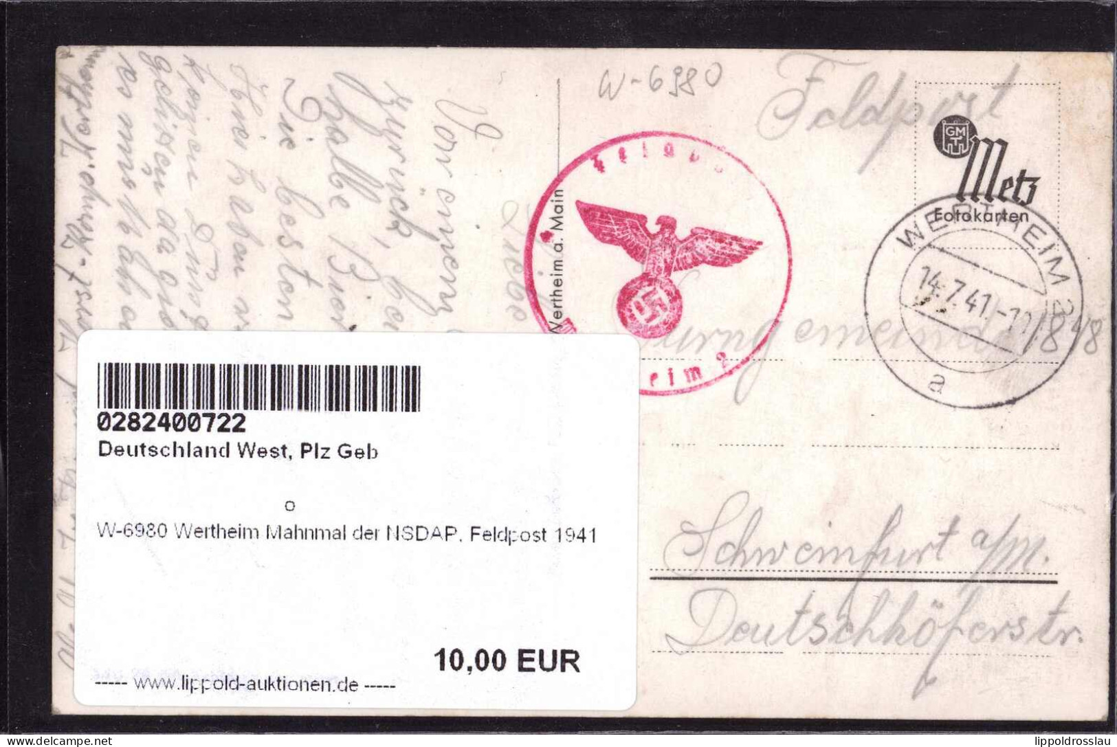 Gest. W-6980 Wertheim Mahnmal Der NSDAP, Feldpost 1941 - Wertheim