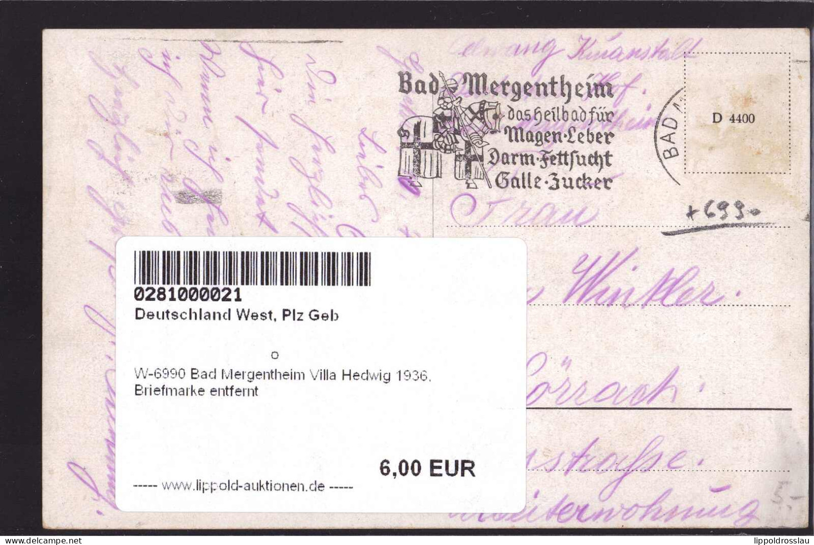 Gest. W-6990 Bad Mergentheim Villa Hedwig 1936, Briefmarke Entfernt - Bad Mergentheim