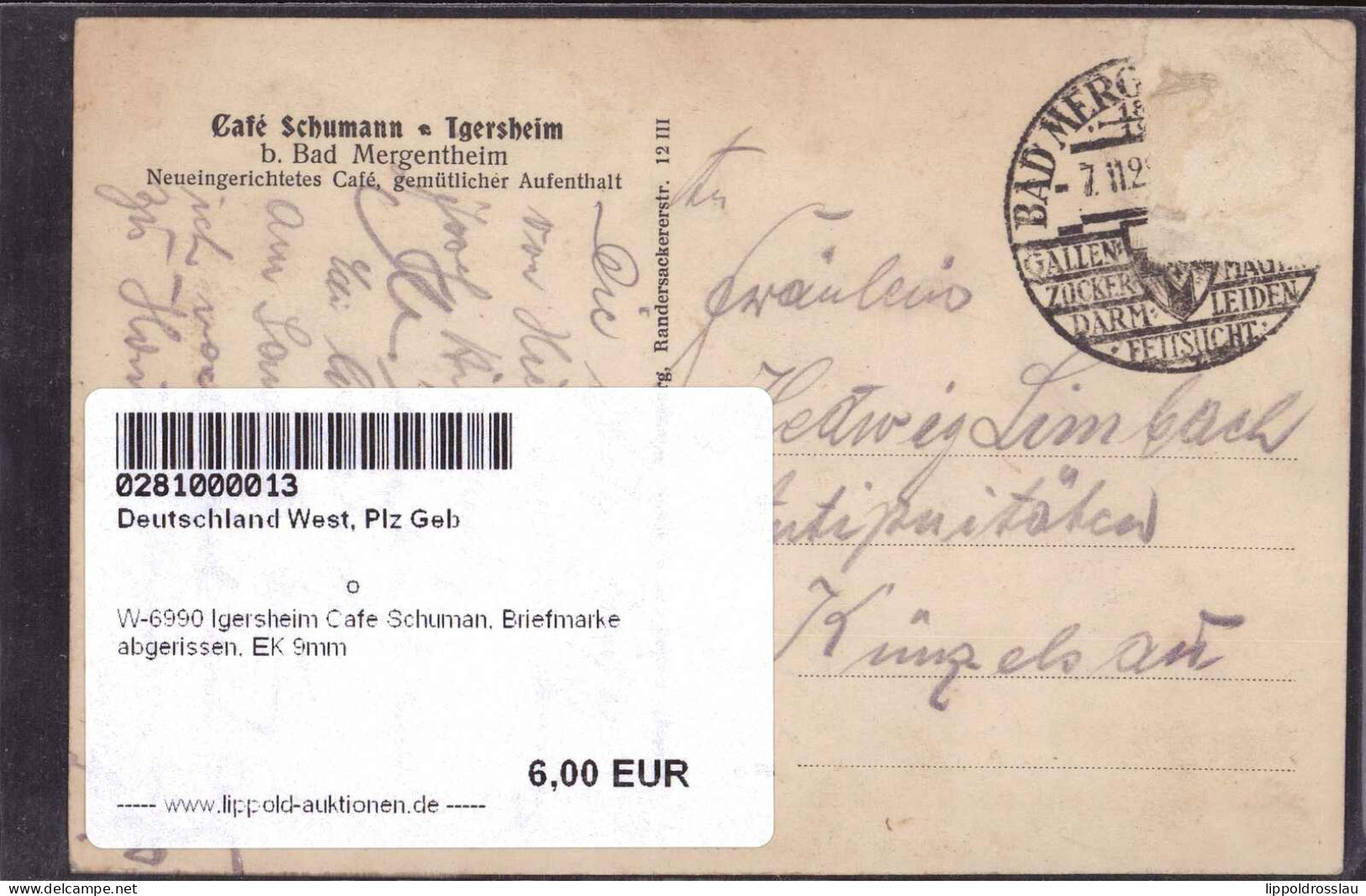 Gest. W-6990 Igersheim Cafe Schuman, Briefmarke Abgerissen, EK 9mm - Bad Mergentheim