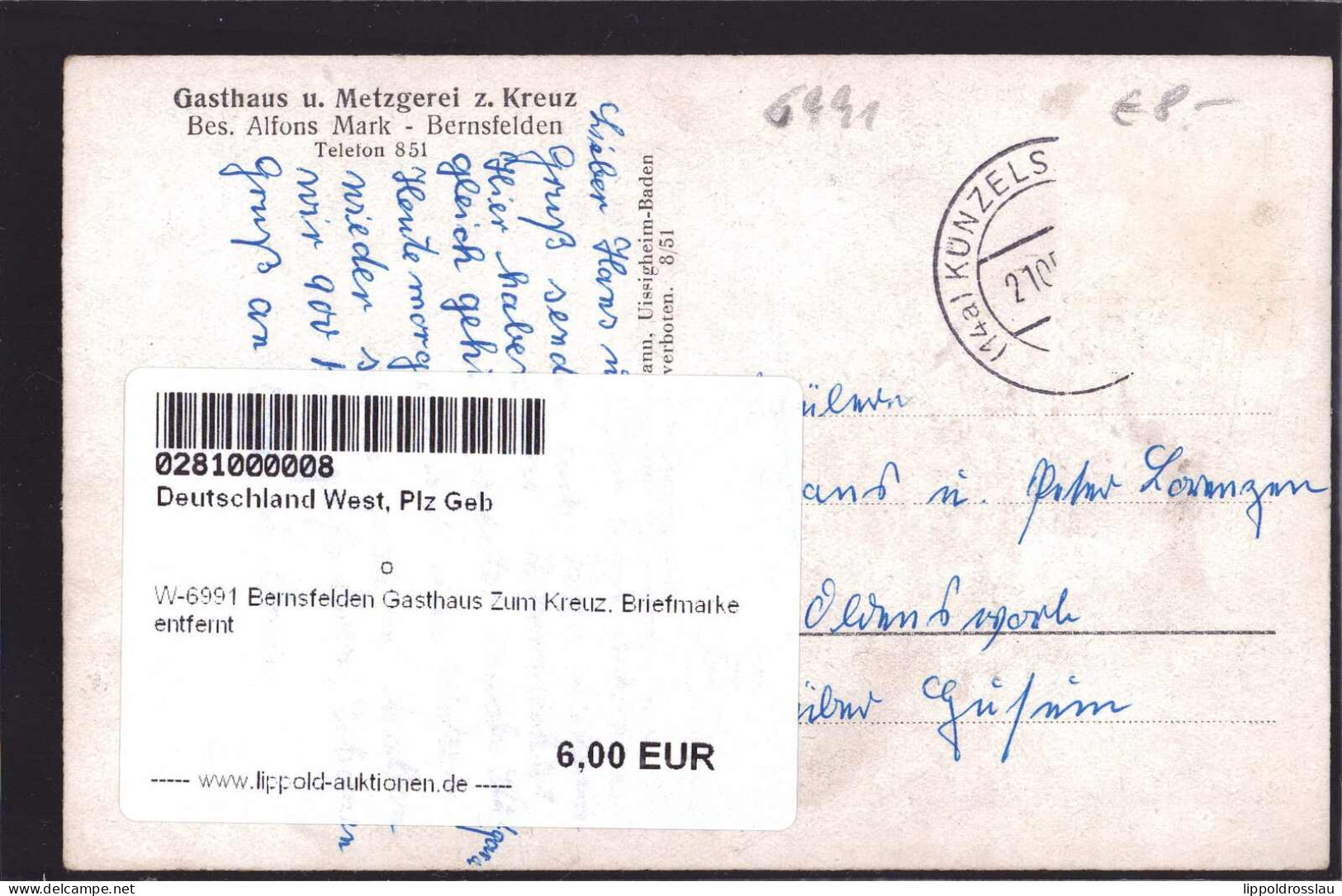 Gest. W-6991 Bernsfelden Gasthaus Zum Kreuz, Briefmarke Entfernt - Bad Mergentheim