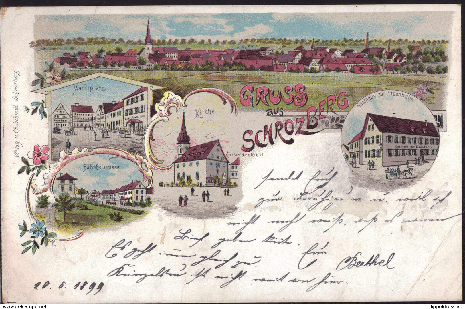 Gest. W-7187 Schrozberg Markt Bahnhofstraße Gasthaus Zur Eisenbahn 1899, Min. Best. - Crailsheim