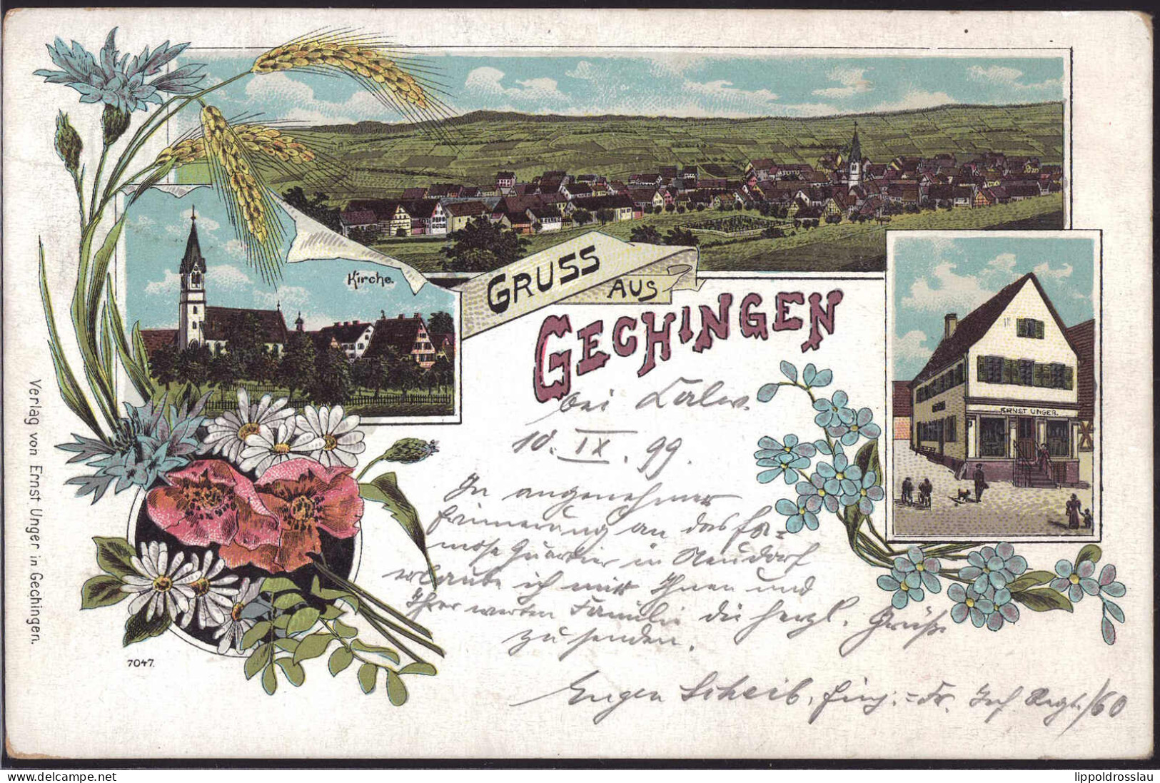 Gest. W-7268 Gechingen Kirche Warenhandlung Unger 1899, Briefmarke Entfernt - Calw