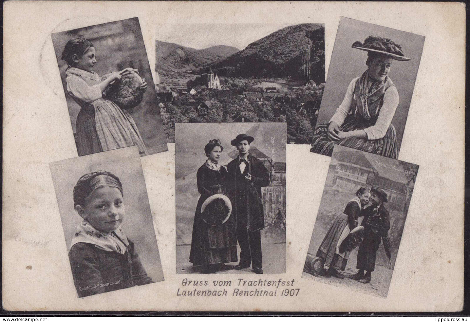 Gest. W-7606 Lautenbach Trachtenfest 1907, Briefmarke Beschädigt - Offenburg