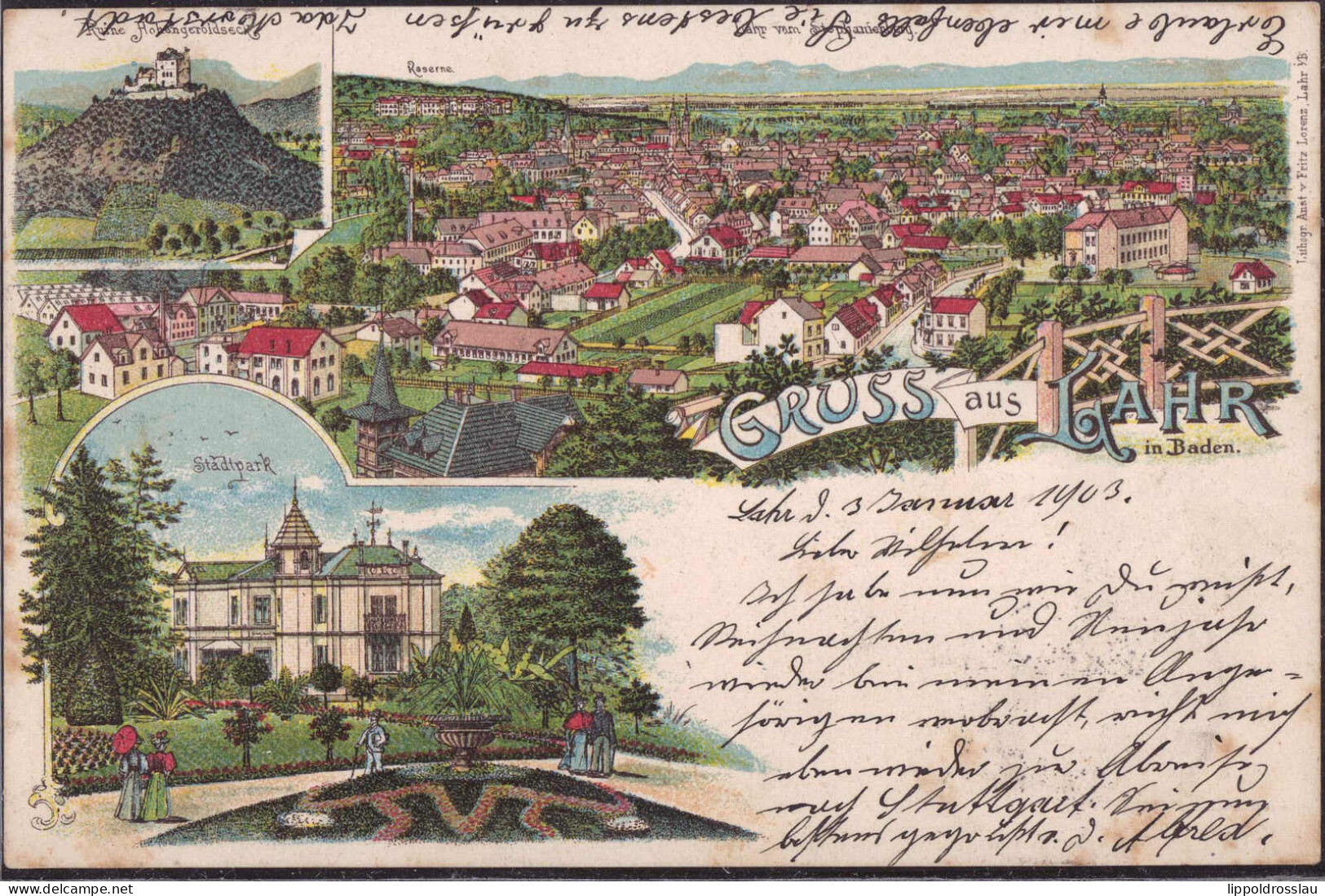 Gest. W-7630 Lahr Stadtpark Blick Zum Ort 1903, Briefmarke Entfernt - Lahr