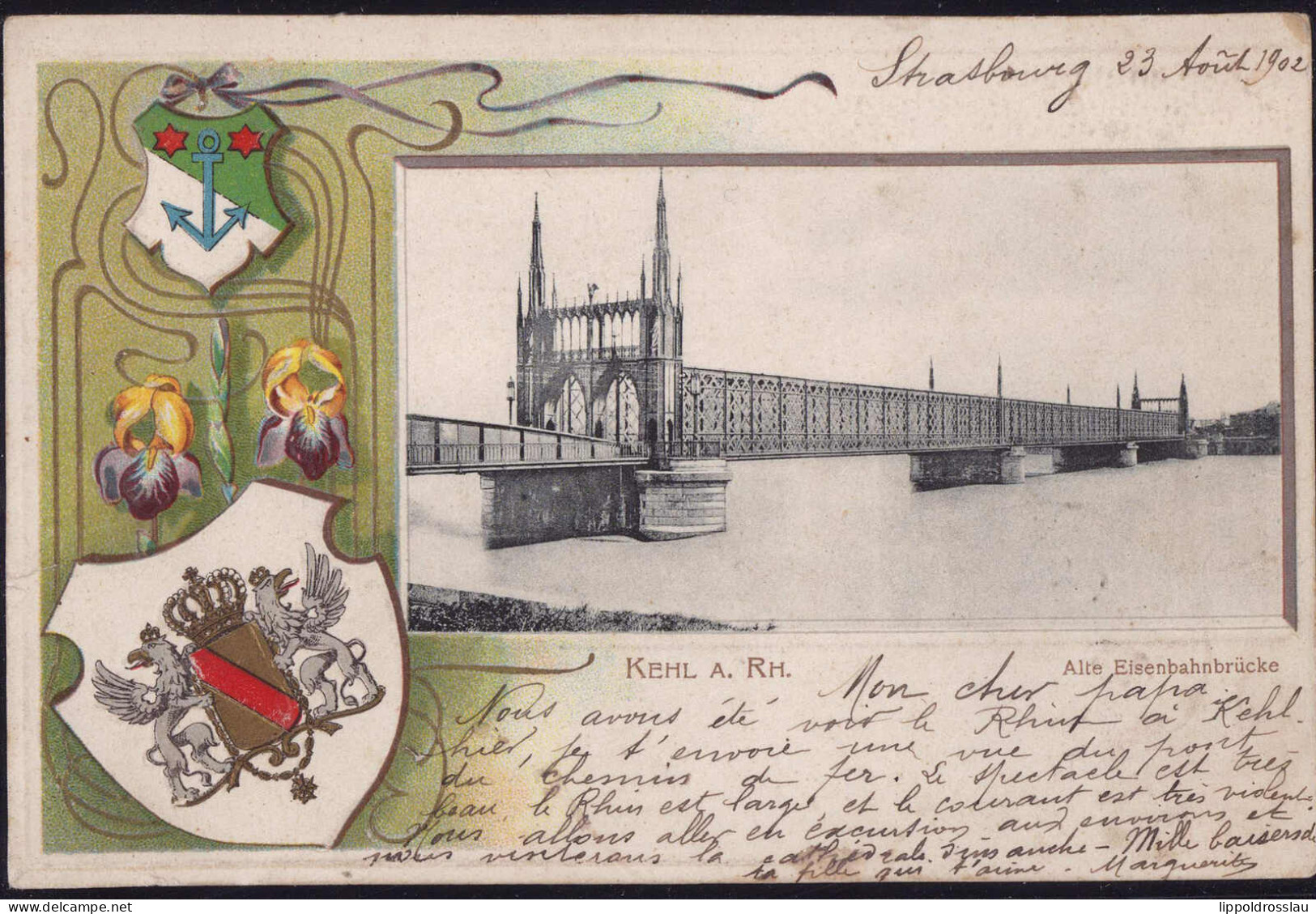 Gest. W-7640 Kehl Rheinbrücke Wappen-Prägekarte 1902 - Kehl
