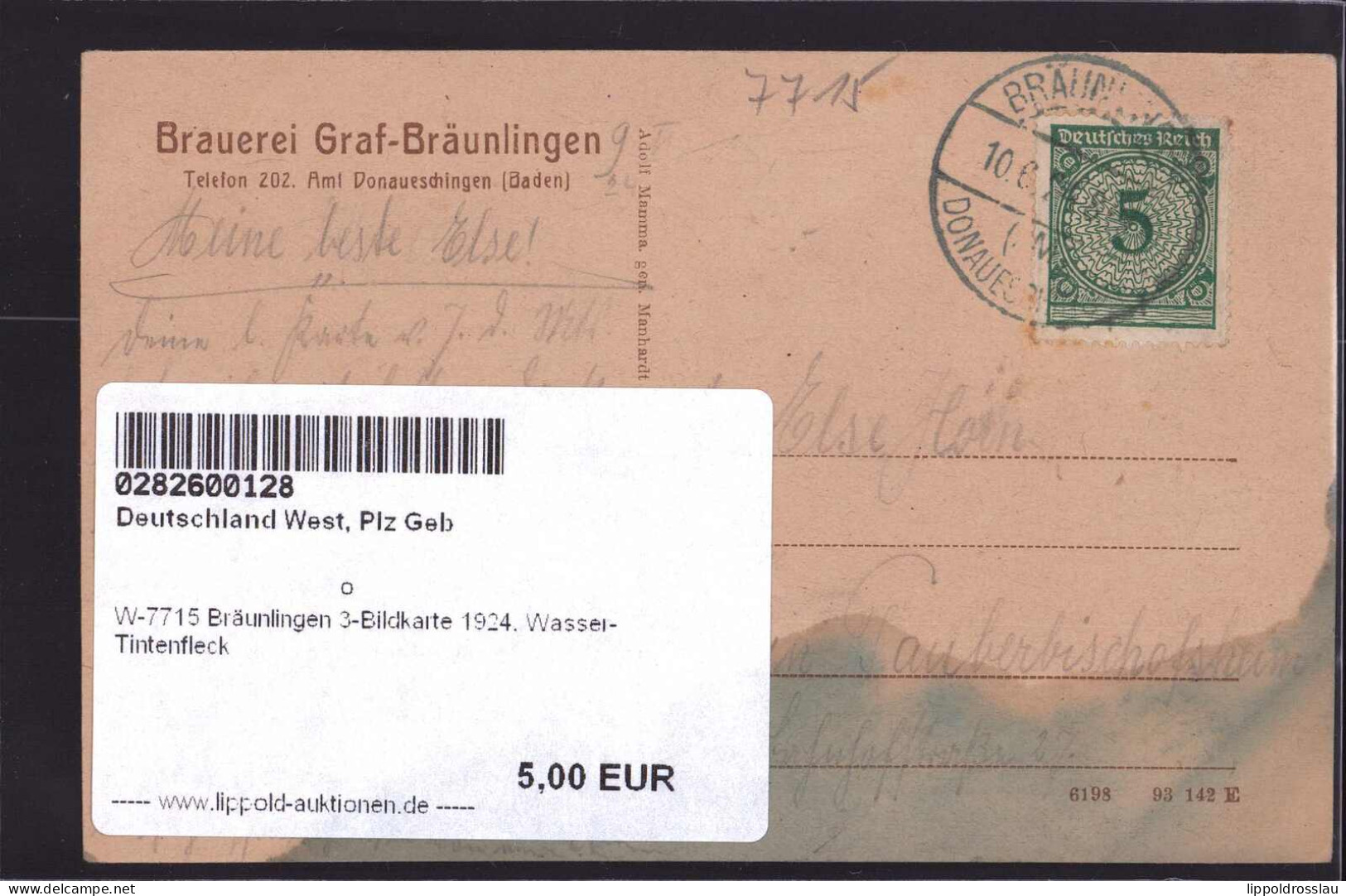 Gest. W-7715 Bräunlingen 3-Bildkarte 1924, Wasser-Tintenfleck - Donaueschingen