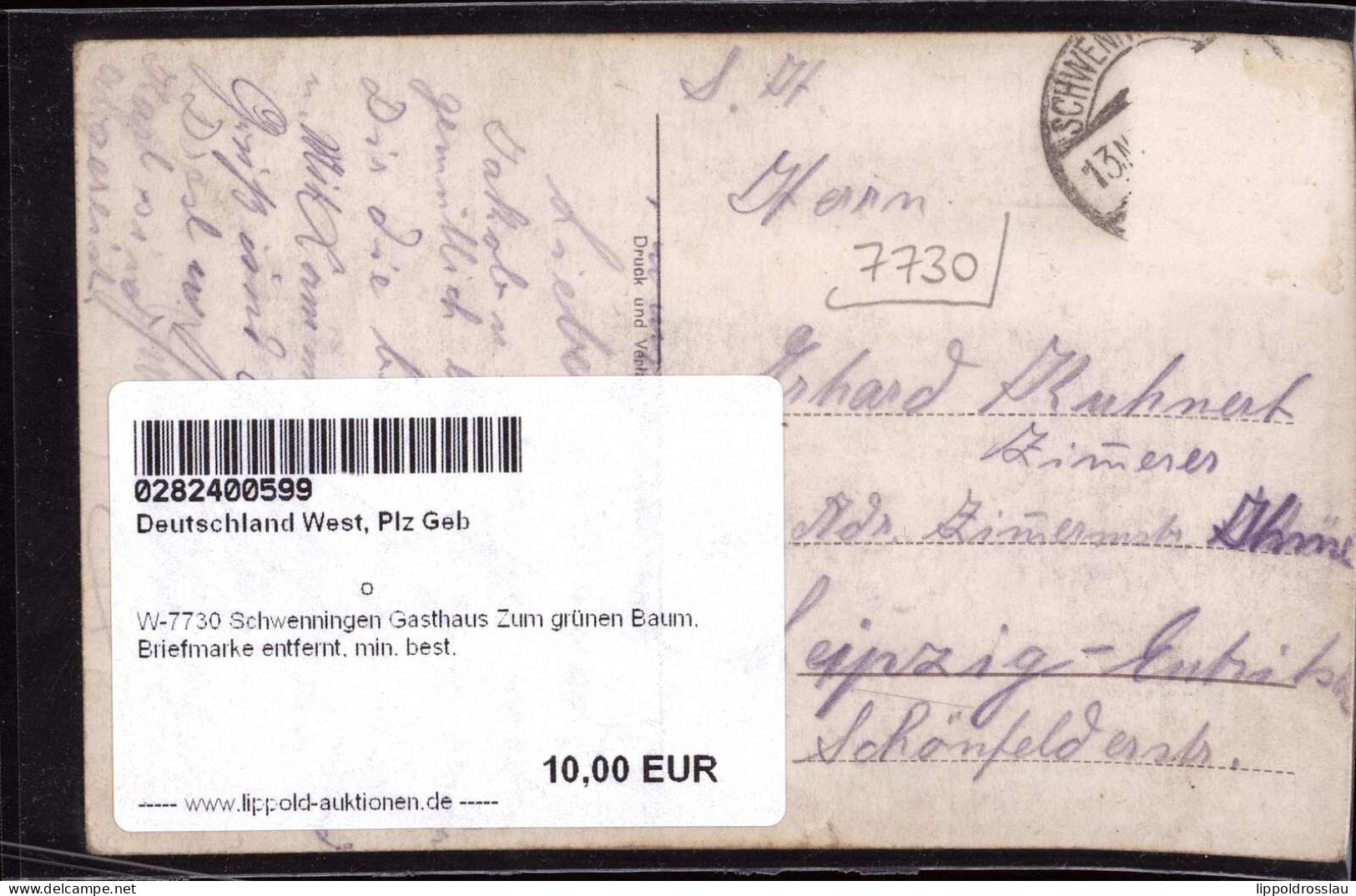 Gest. W-7730 Schwenningen Gasthaus Zum Grünen Baum, Briefmarke Entfernt, Min. Best. - Villingen - Schwenningen