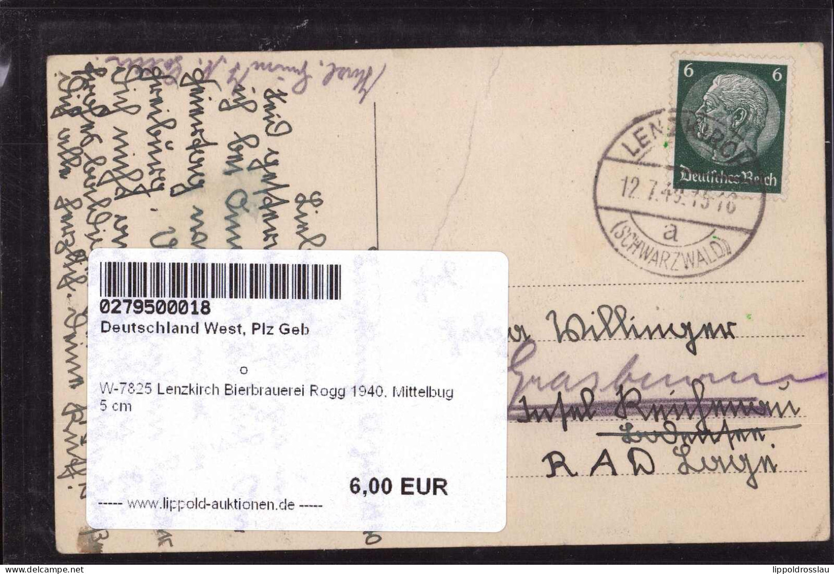 Gest. W-7825 Lenzkirch Bierbrauerei Rogg 1940, Mittelbug 5 Cm - Titisee-Neustadt