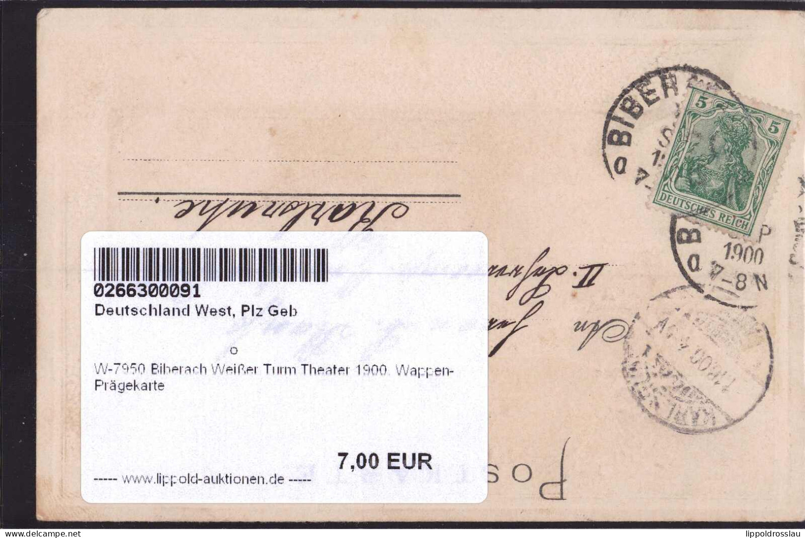 Gest. W-7950 Biberach Weißer Turm Theater 1900, Wappen-Prägekarte - Biberach