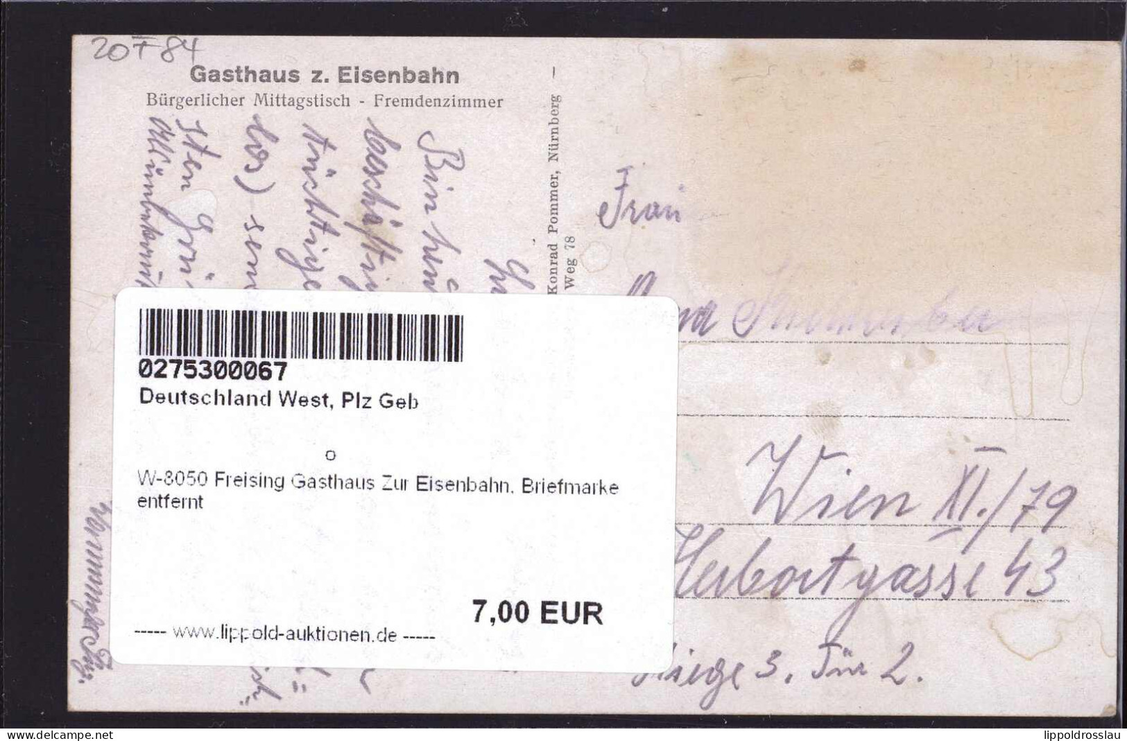 Gest. W-8050 Freising Gasthaus Zur Eisenbahn, Briefmarke Entfernt - Freising