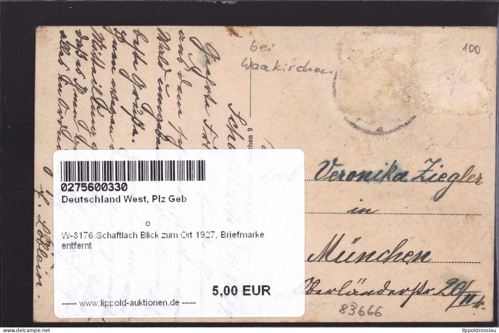 Gest. W-8176 Schaftlach Blick Zum Ort 1927, Briefmarke Entfernt - Bad Toelz