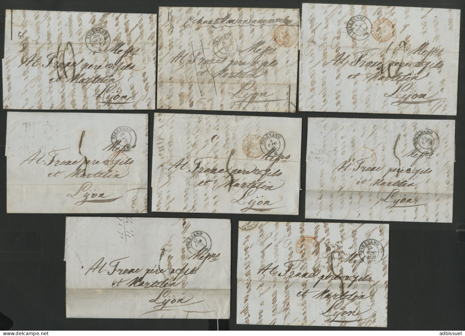 VIGEVANO Corrispondenza Di 17 Lettere Con I Loro Testi Per Lione Nel 1853 + Tassa 5 O 10 (doppia Affrancatura) - Unclassified