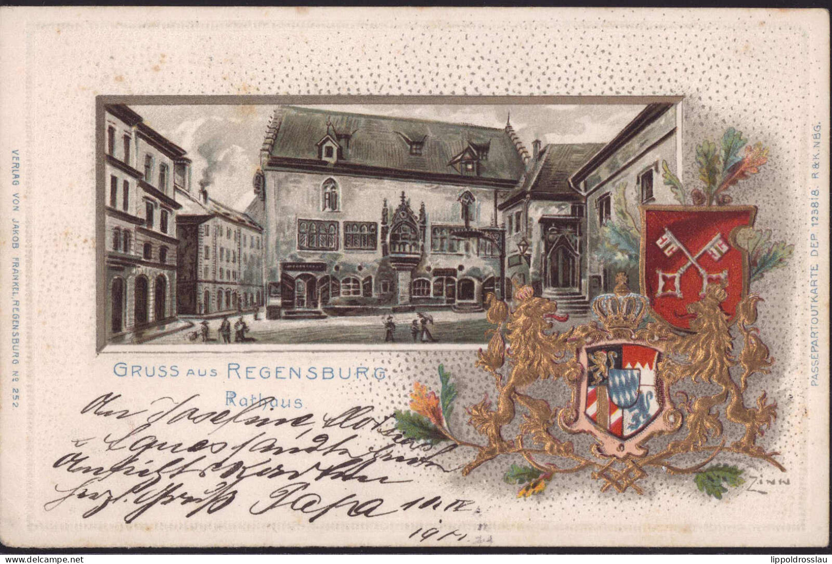 Gest. W-8400 Regensburg Rathaus Wappen-Prägekarte 1901 - Regensburg