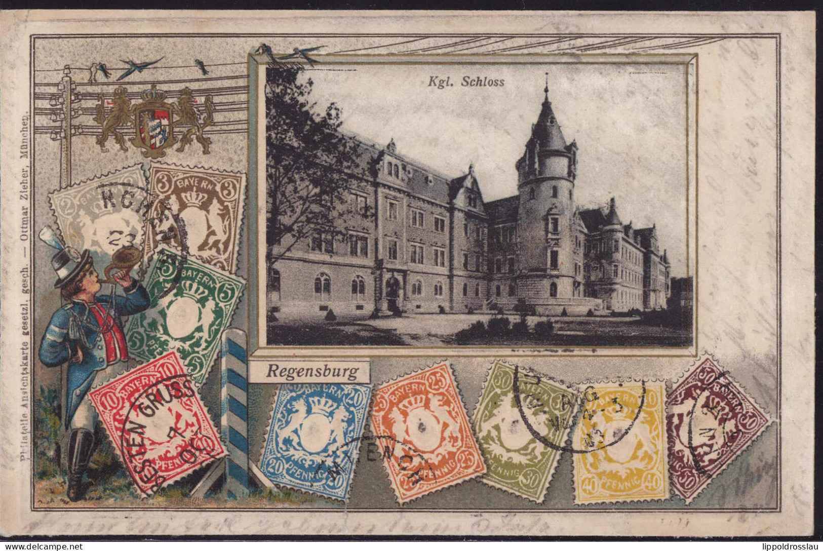 Gest. W-8400 Regensburg Schloß Briefmarken-Prägekarte 1905, Min. Beschn. - Regensburg