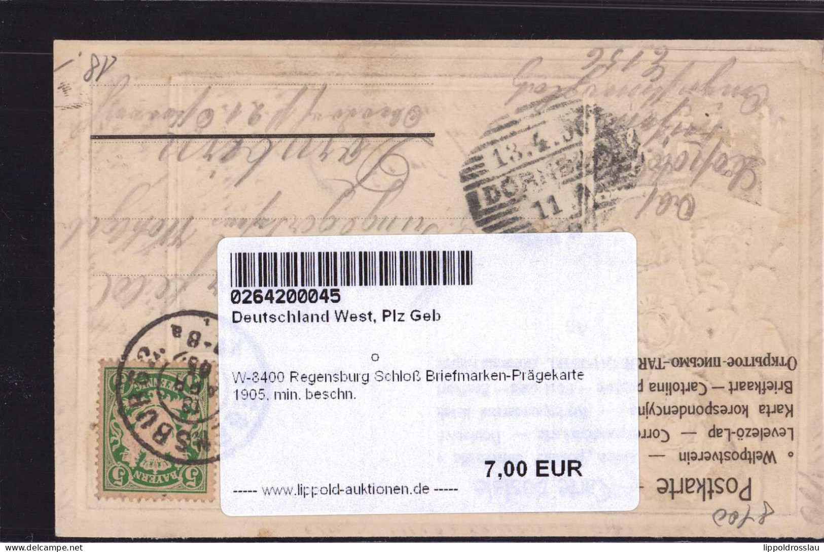 Gest. W-8400 Regensburg Schloß Briefmarken-Prägekarte 1905, Min. Beschn. - Regensburg