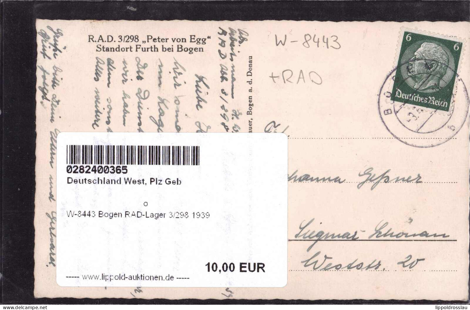 Gest. W-8443 Bogen RAD-Lager 3/298 1939 - Straubing