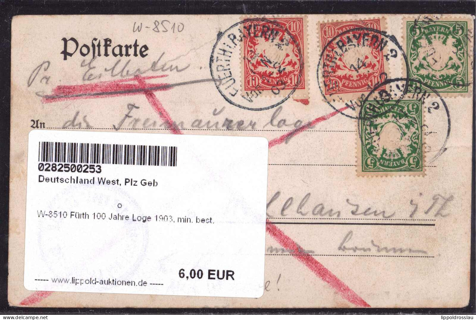 Gest. W-8510 Fürth 100 Jahre Loge 1903, Min. Best. - Fuerth