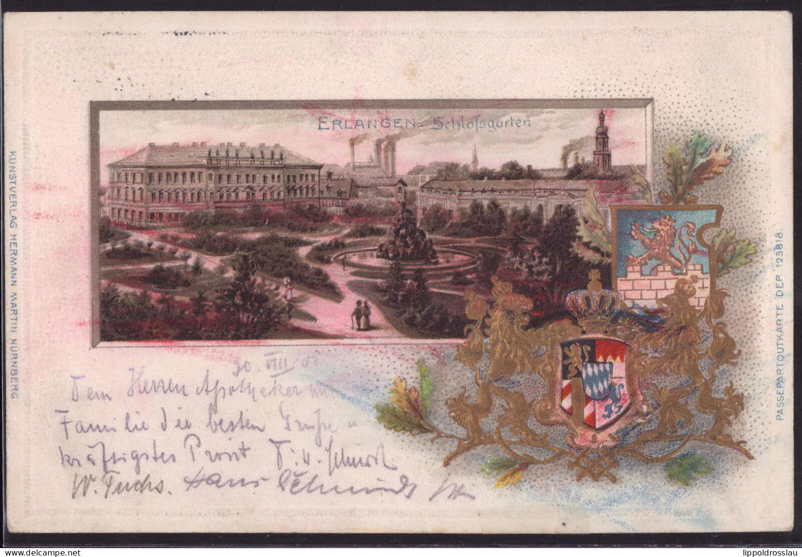 Gest. W-8520 Erlangen Schloßgarten 1901, Briefmarke Entfernt, Wappen-Prägekarte - Erlangen