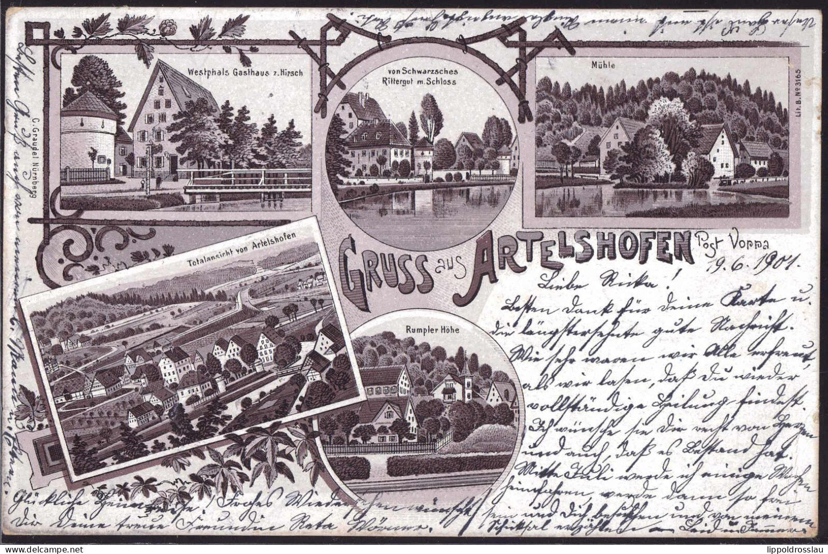 Gest. W-8561 Artelshofen Gasthaus Zum Hirsch Mühle 1901 - Lauf