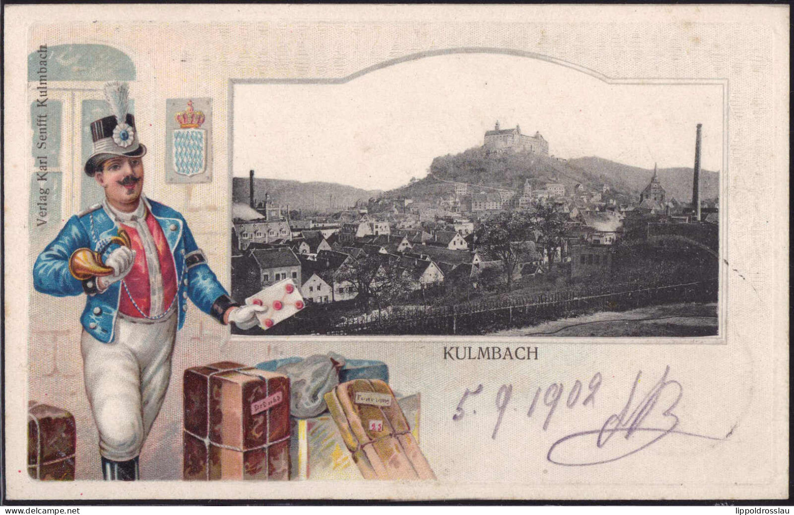 Gest. W-8650 Kulmbach Blick Zum Ort Postbote, Prägekarte 1902 - Kulmbach