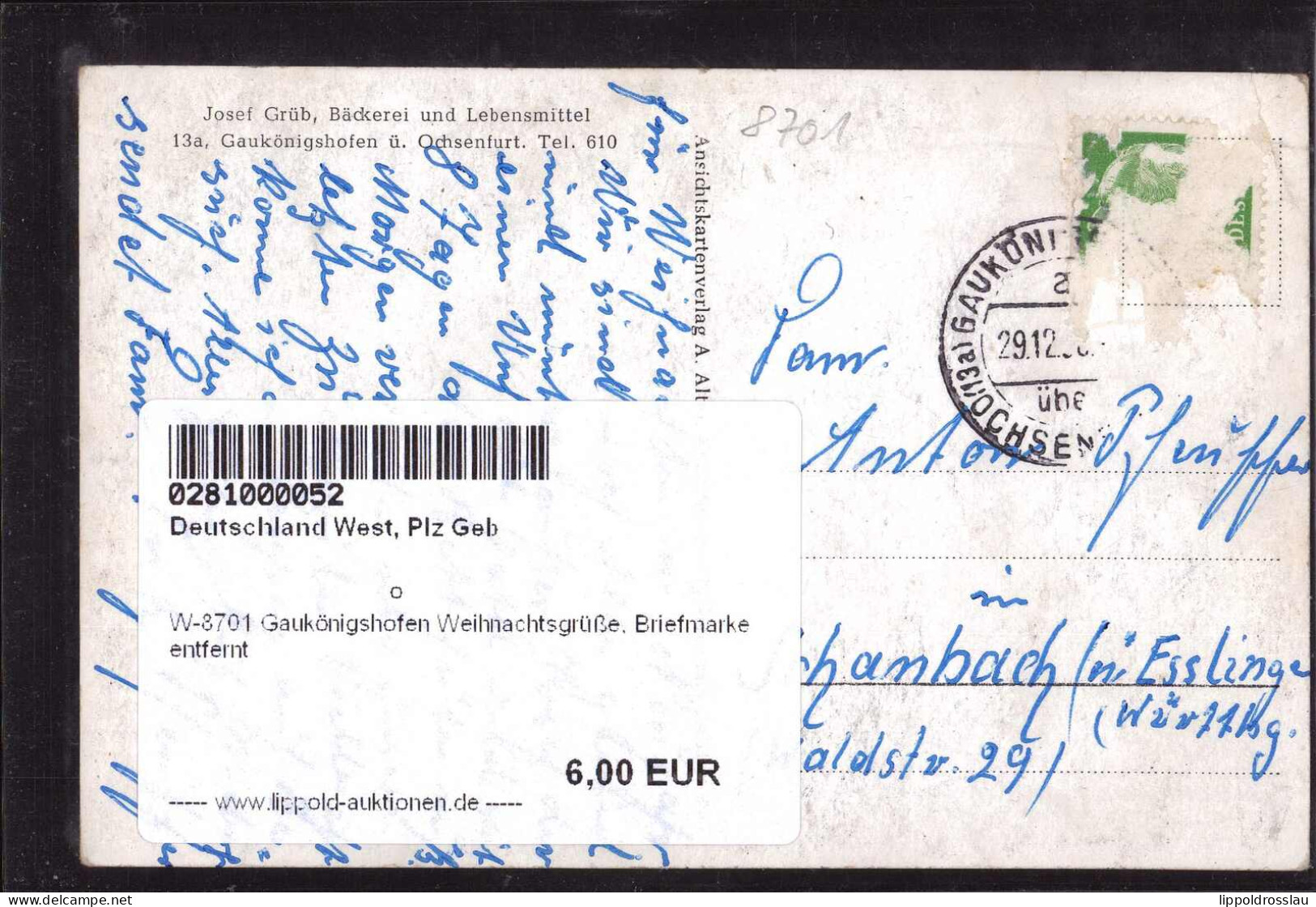 Gest. W-8701 Gaukönigshofen Weihnachtsgrüße, Briefmarke Entfernt - Wuerzburg