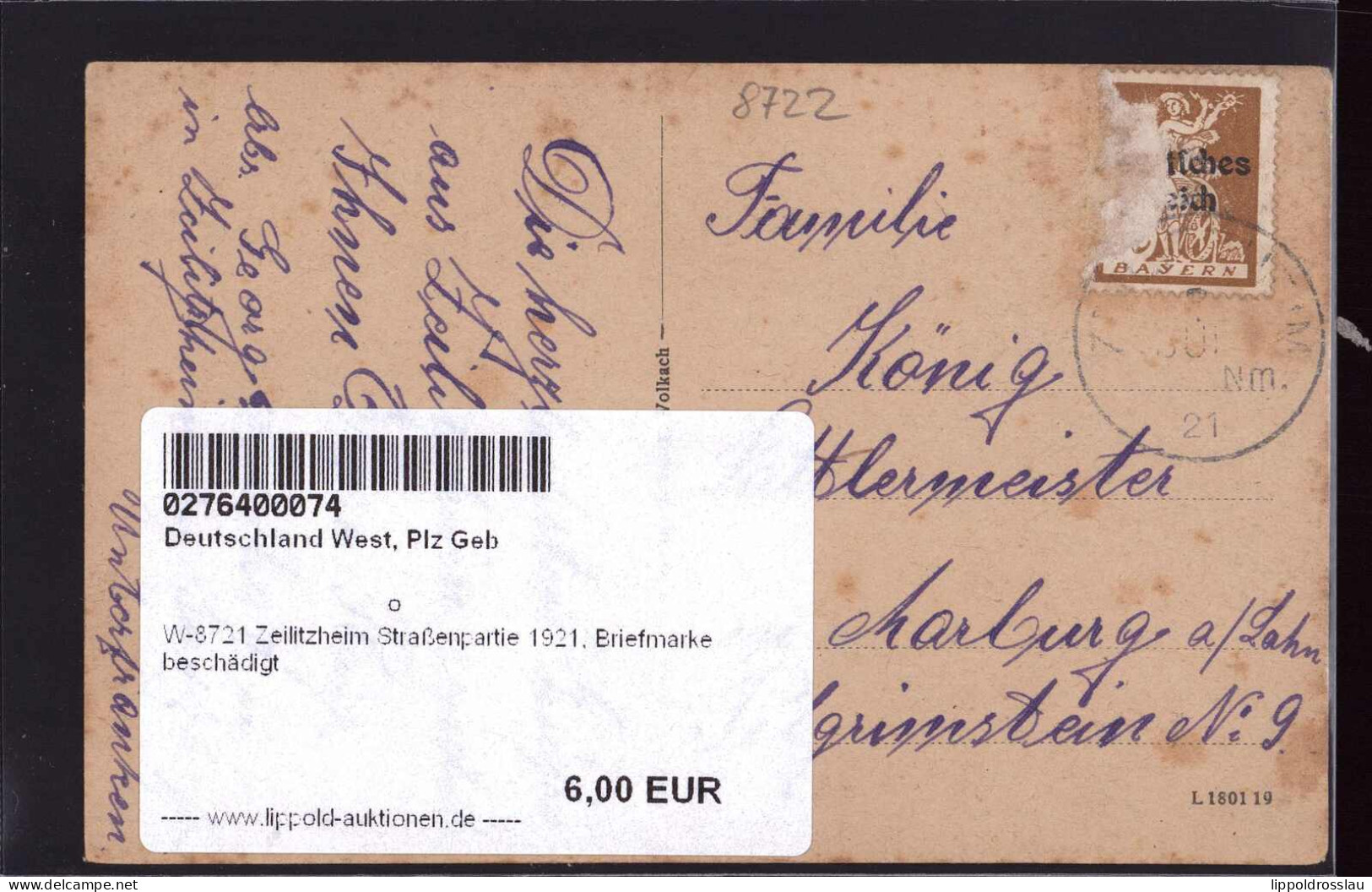 Gest. W-8721 Zeilitzheim Straßenpartie 1921, Briefmarke Beschädigt - Schweinfurt
