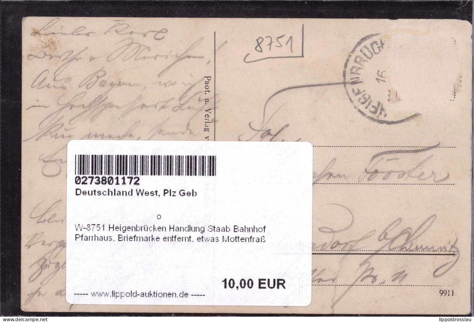 Gest. W-8751 Heigenbrücken Handlung Staab Bahnhof Pfarrhaus, Briefmarke Entfernt, Etwas Mottenfraß - Aschaffenburg