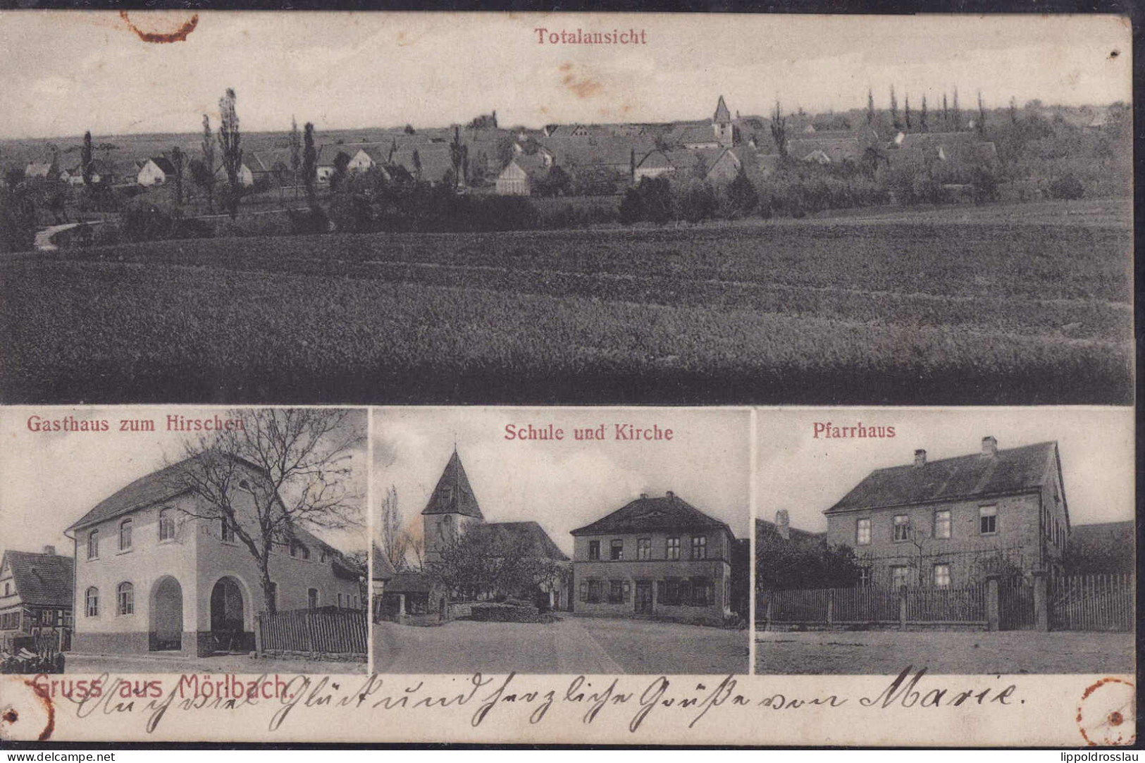 Gest. W-8801 Mörlbach Gasthaus Zum Hirschen Schule Pfarrhaus, Feldpost 1914, 3x Stecknadelloch - Ansbach